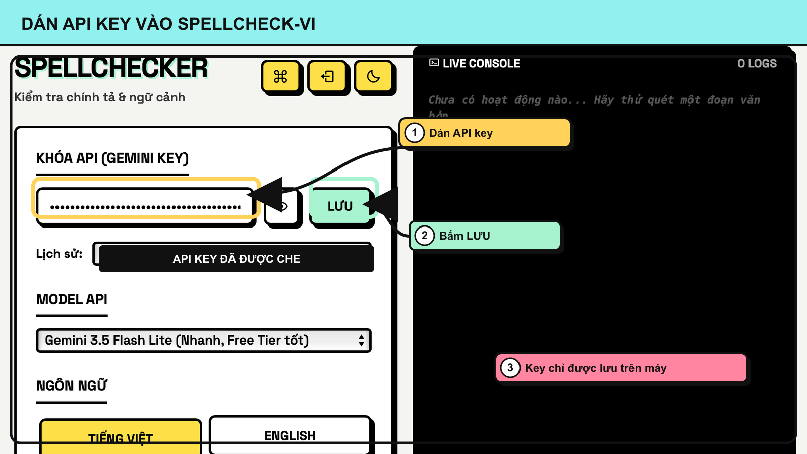Vị trí dán Gemini API key và lưu cấu hình trong Spellcheck-VI