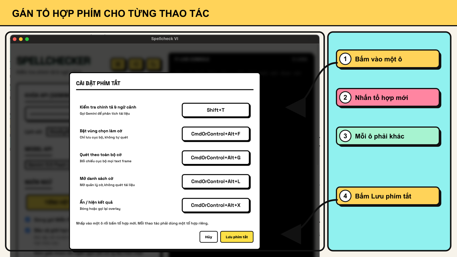Các ô gán tổ hợp phím và nút Lưu phím tắt trong Spellcheck-VI