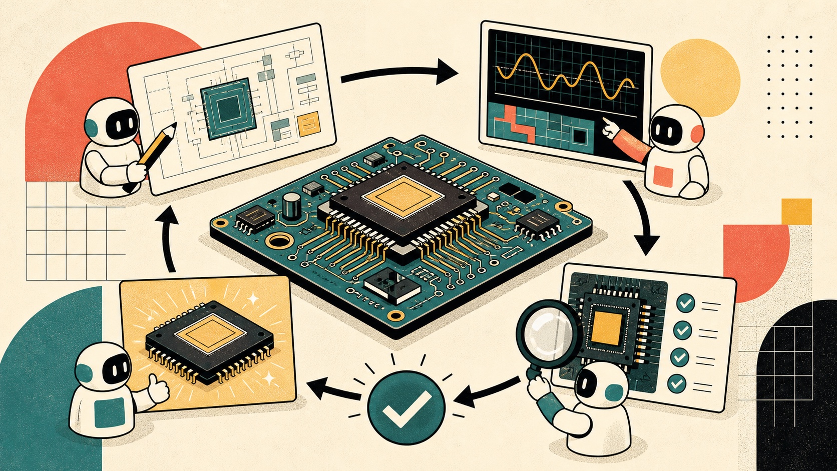 Minh họa các tác nhân AI thiết kế, mô phỏng và kiểm tra một bo mạch cùng chip theo vòng lặp xác minh.